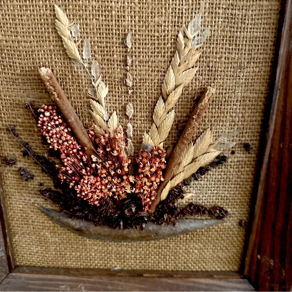 MCM Framed Natural Dried Florals On Burlap By Mallard Frame Wall Hangings Pair